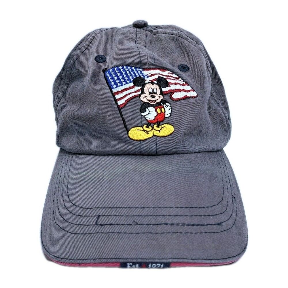 Disney Mickey USA Flag Hat Cap Strap Back Red Blue Gray Patriotic Distressed Dad